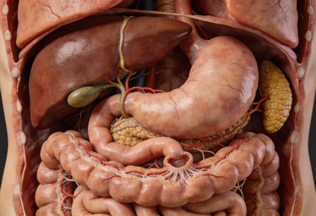 Anatomical illustration of the human small intestine within the abdominal cavity