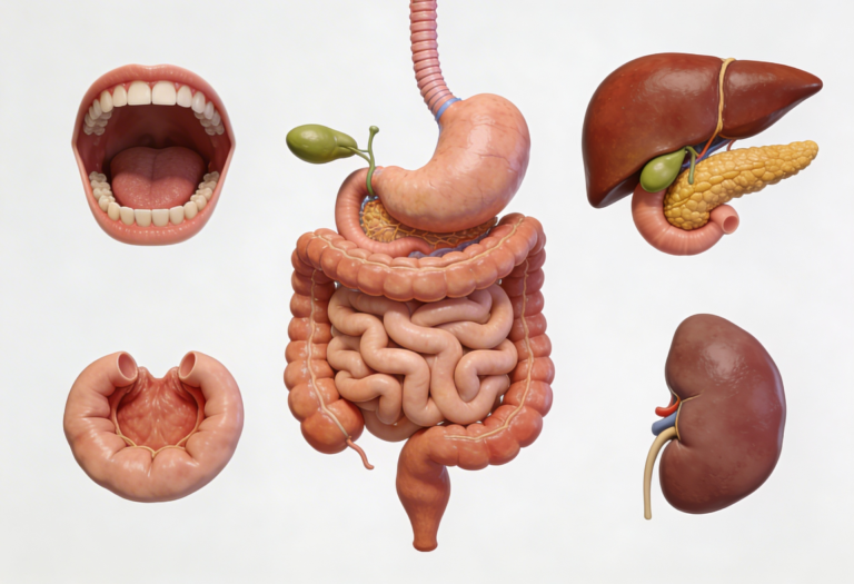 Human digestive system showing how food moves from mouth to intestine