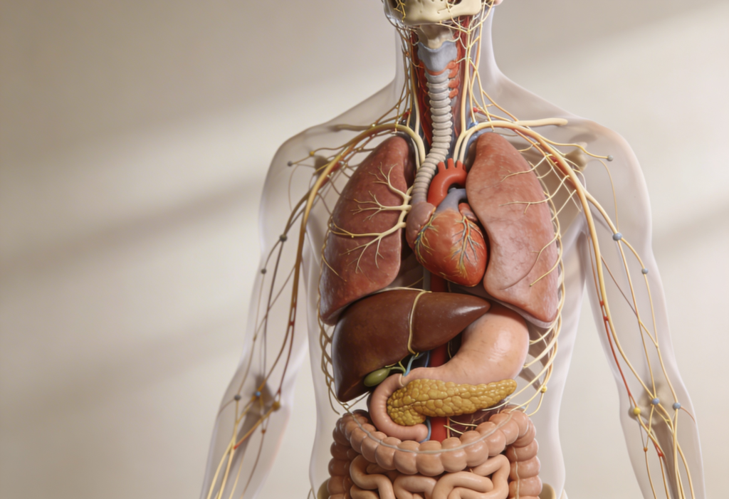Illustration of the vagus nerve connecting the brain to digestive organs
