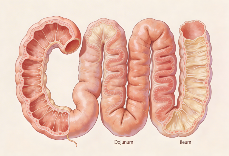 Medical illustration showing the duodenum, jejunum, and ileum sections of the small intestine