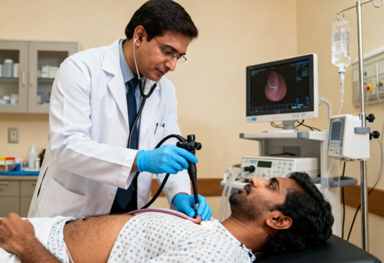Doctor performing upper GI endoscopy to diagnose acid reflux and GERD