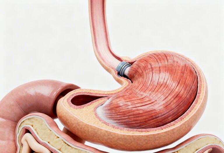 Illustration of the lower esophageal sphincter controlling acid flow between stomach and esophagus