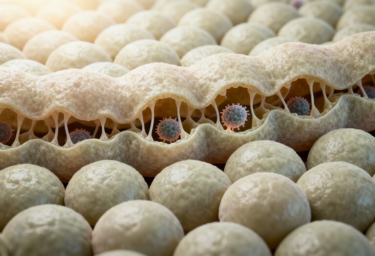 Illustration showing increased intestinal permeability triggered by gluten exposure