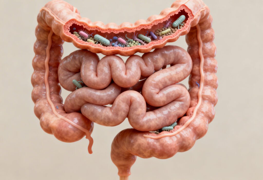 Medical illustration showing bacterial overgrowth inside the small intestine in SIBO