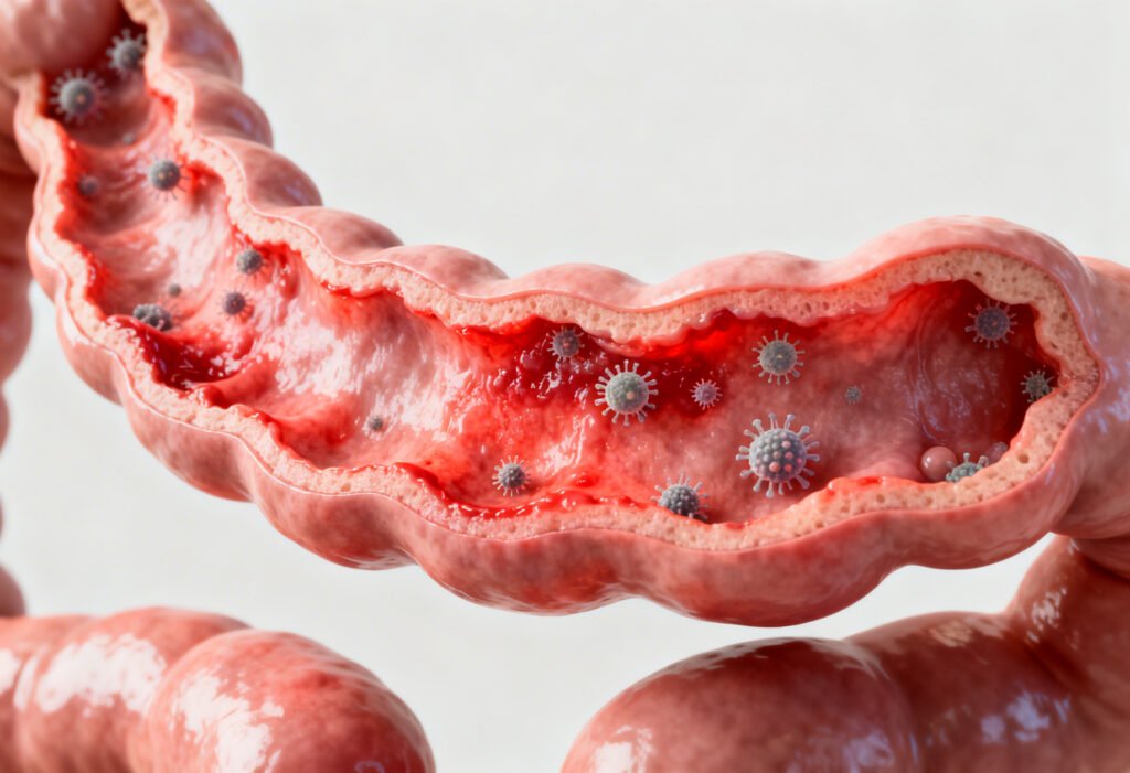 Medical illustration showing inflammation in the intestinal lining of the gut