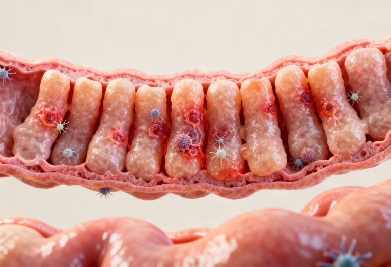 Medical illustration showing intestinal inflammation and villous damage caused by gluten sensitivity