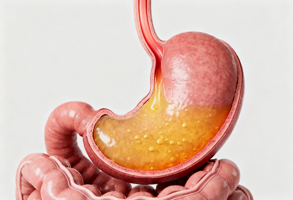Medical illustration showing stomach acid flowing into the esophagus during acid reflux