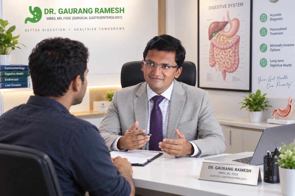Gastroenterologist discussing digestive and bowel symptoms with an adult patient during a consultation.